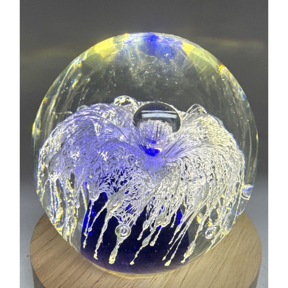 Cobalt Blue White Ghost Fish Flower Eye Trailing Bubbles Hand Blown Paperweight